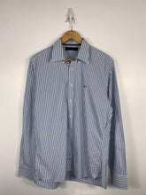 Load image into Gallery viewer, TOMMY HILFIGER WHITE AND BLUE STRIPED BUTTON UP DRESS SHIRT POLO - MENS MEDIUM
